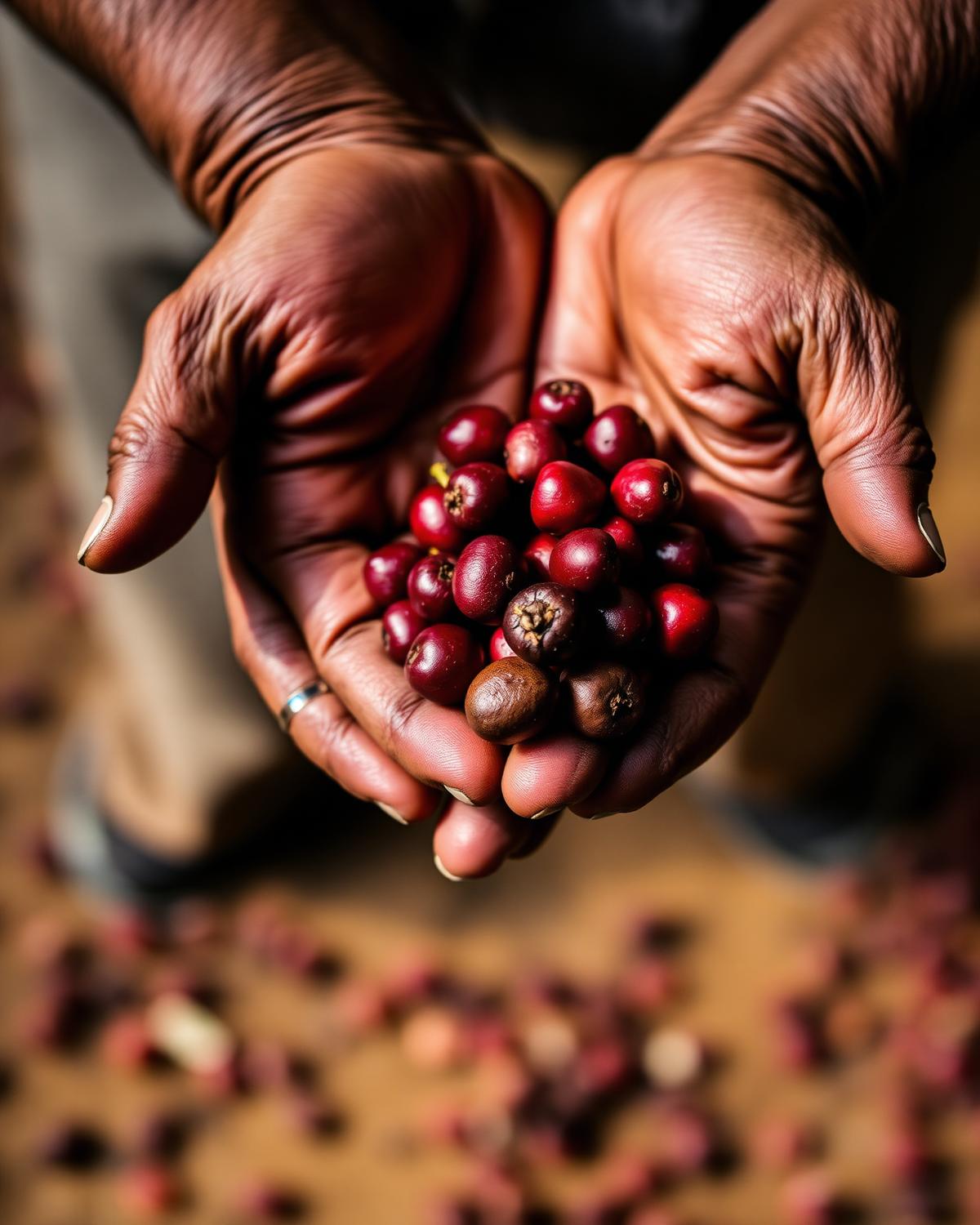 Manos de caficultor con cerezas de café